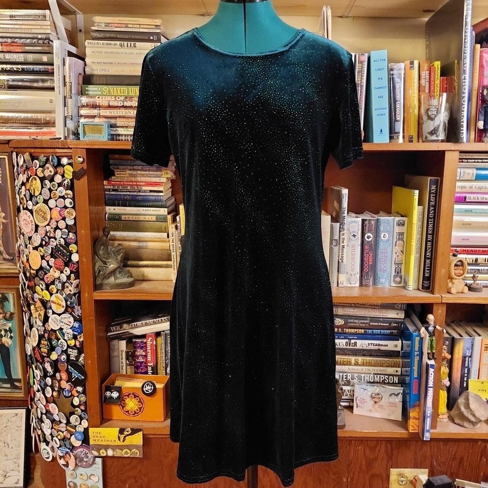Molly Malloy Evening Vintage 90s Green Sparkly Velvet Dress Short Sleeve Medium
